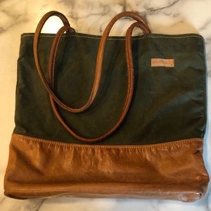 Better Life Bags Green Canvas Cognac Leather Tote